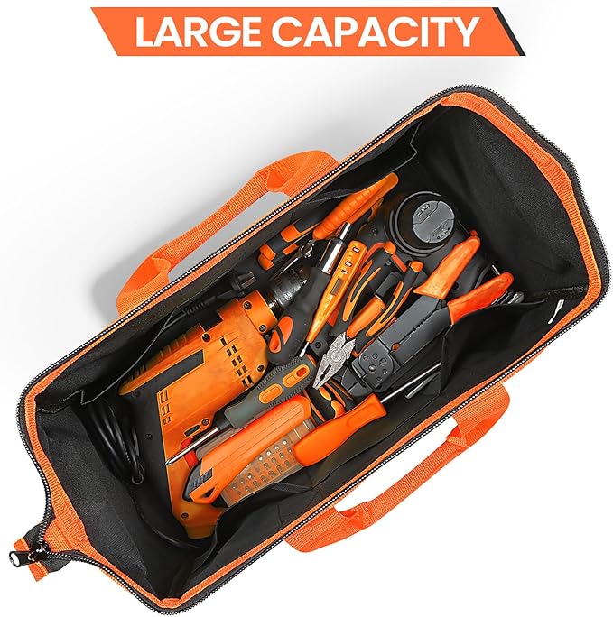 Wide Mouth Tool Bag, Heavy Duty Tool Bags for Men, 12-Pocket Portable Empty Tool Box Organizer Storage for Mechanic, Electrician, 17.3 inch, 600D Oxford, Orange