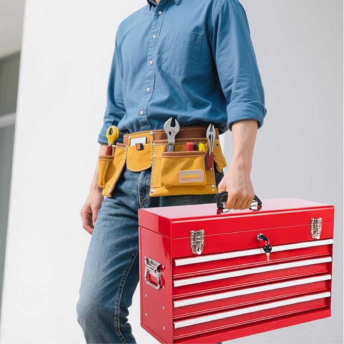 4 Drawers Metal Tool Box, 21" Portable Steel Tool Chest w/Key Lock & Latch Closure, Multi-Function Top Storage Tray Toolbox w/Powder Coating & Ball Bearing Slides for Garage & Workshop (Red)