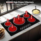 ThermoMate 36 Inch Electric Cooktop, 5 Burners Knob Control Built-in Ceramic Cooktop, 30" Radiant Electric Stove Top of 9000W with 9 Heat Levels, Hot Surface Indicator, 220-240v, Hard Wired