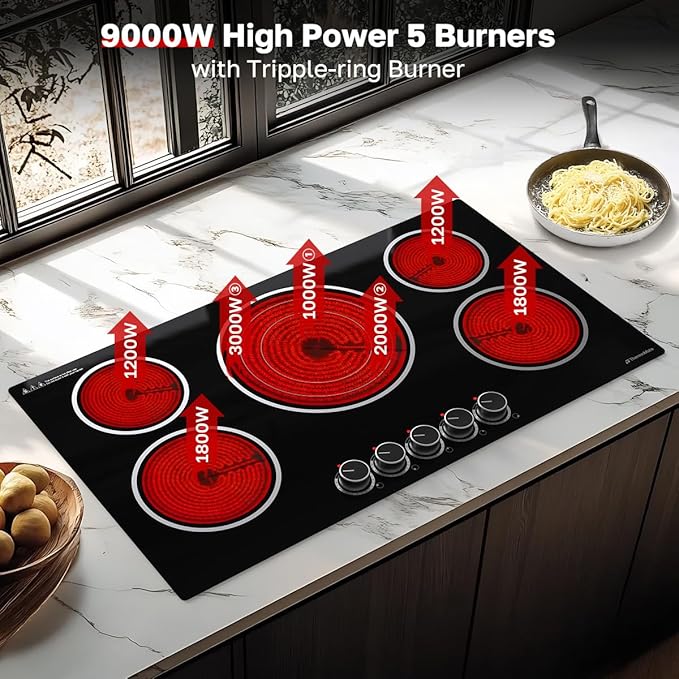 ThermoMate 36 Inch Electric Cooktop, 5 Burners Knob Control Built-in Ceramic Cooktop, 30" Radiant Electric Stove Top of 9000W with 9 Heat Levels, Hot Surface Indicator, 220-240v, Hard Wired