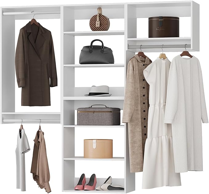 Modular Closet System, 78" Wide Closet Organizer System with Towers and Hanging, Wood Closet Tower Storage for Walk In Closets, Wall Mounted Wardrobe Organizer Kit System, Bedroom, White