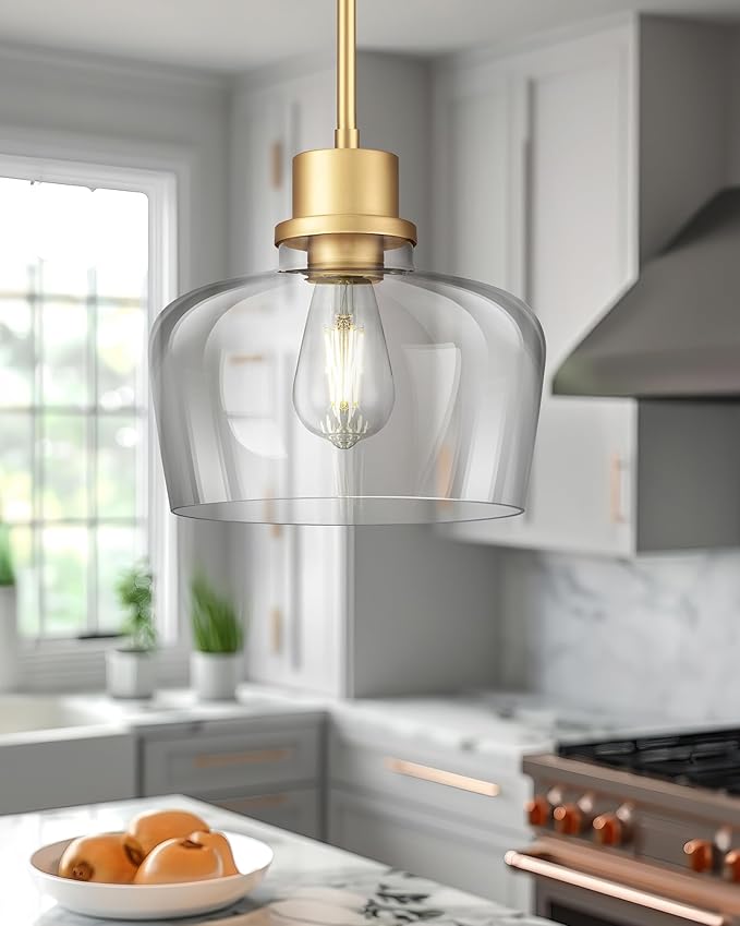 Emak Modern Gold Pendant Lights Kitchen Island, 10 Inch Large Pendant Light Fixtures with Clear Glass Shade for Kitchen, Dining Room, Entrance, PL126-GD-CG