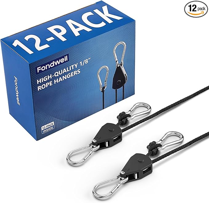 Fondwell 1/8" Adjustable Grow Light Hangers: 12 Pack of Ratchet Rope Tie Downs - Small Ratchet Straps for Various Hanging and Strapping