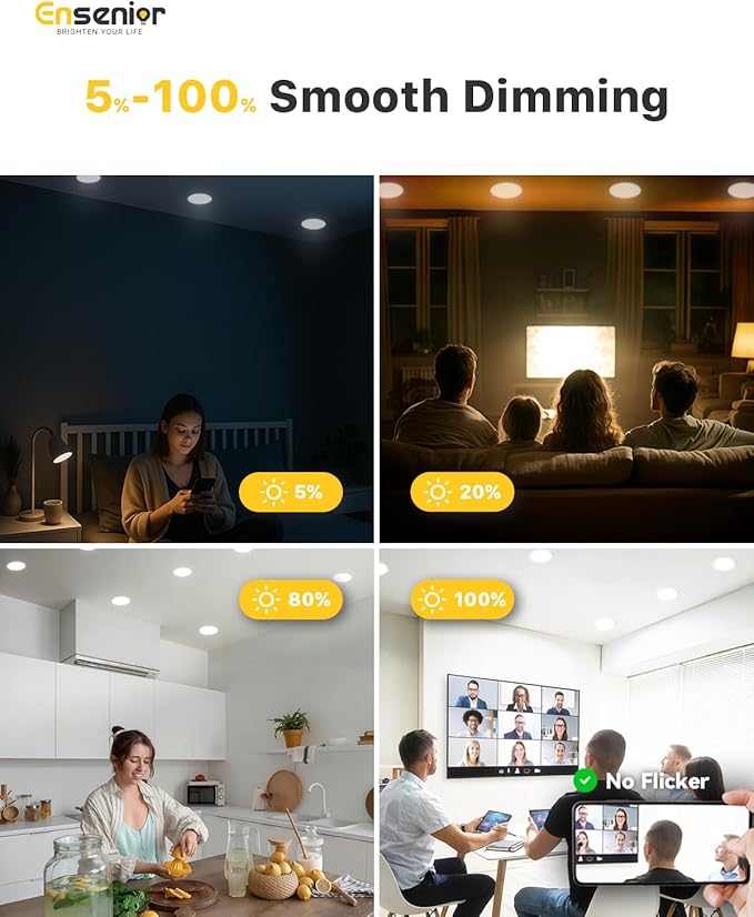 Ensenior 6 Pack 6 Inch LED Recessed Light, Dimmable, 4000K Cool White, 1050LM High Brightness, 12W 120V, Damp Rated, Ultra-Thin Canless Wafer Ceiling Light - ETL & FCC & IC