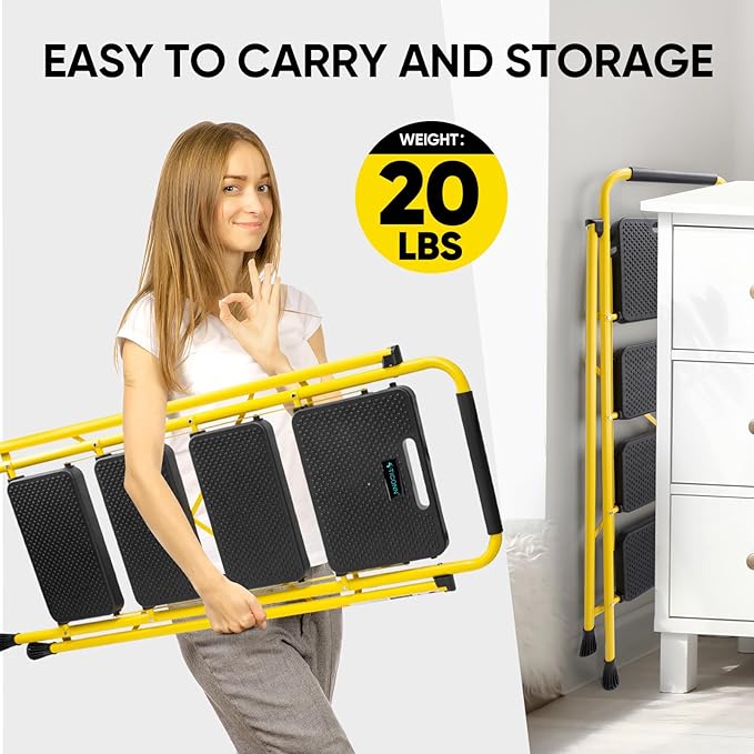 TICONN 4 Step Ladder, Heavy Duty Foldable Step Stool, Portable Steel Folding Stool for Household Garage Storage (Yellow)