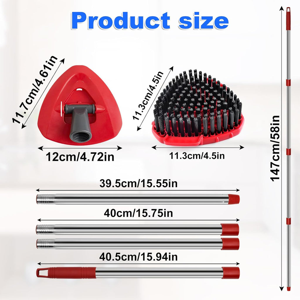 4-Section Stainless Steel Spin Mop Handles, Mop Base & Upgrade Scrub Brush Combo for Ocedar EasyWring RinseClean 2 Tank System, Mop Handle Mop Base & Brush Set for O Cedar, Universal Thin Screw Joints
