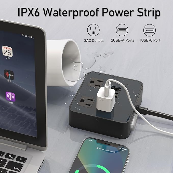Outdoor Power Strip Weatherproof, KPQ IPX6 Waterproof Surge Protector Power Strip with 3 Outlets, 2 USB A & 1 USB C, 6Ft Heavy Duty Extension Cord for Indoor Outdoor