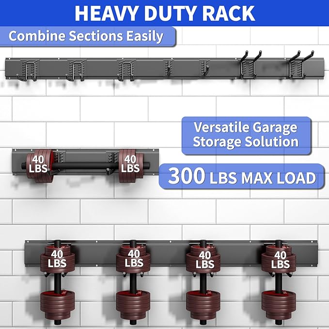 Garden Tool Organizer Wall Mount, 48inch Heavy Duty Garden Tool organizer Storage System, Easy Install With 7 Adjustable Hooks, For Garage, Basement, Shed, Workshop(Black)