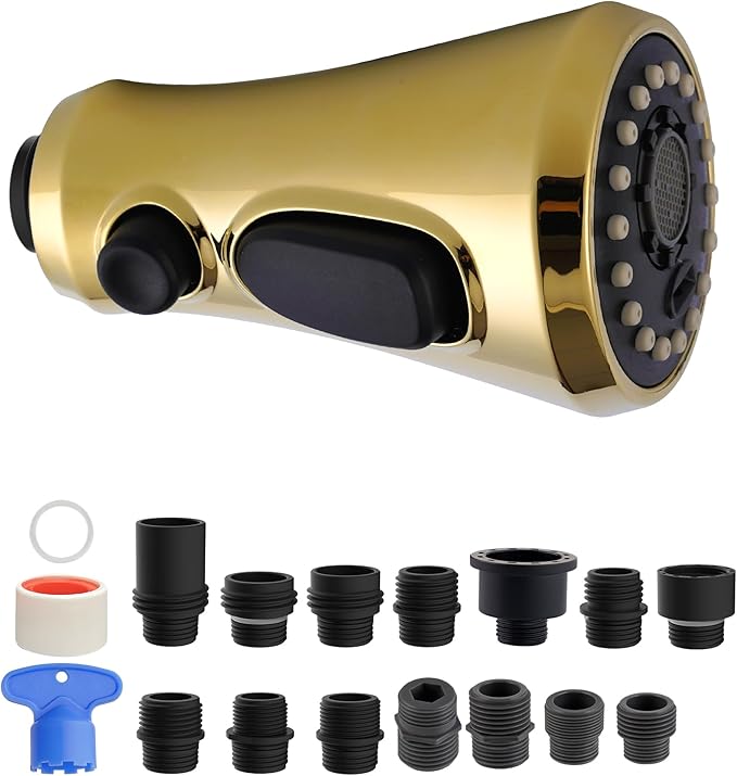 Hibbent Pull Down Spray Head for Kitchen Faucet, NSF/ANSI/CAN 61 & CUPC Certified 3-Function Spray Nozzle, 14 Adapters, Sink Faucet Head Replacement Compatible with Moen, Delta, Kohler, Polished Brass