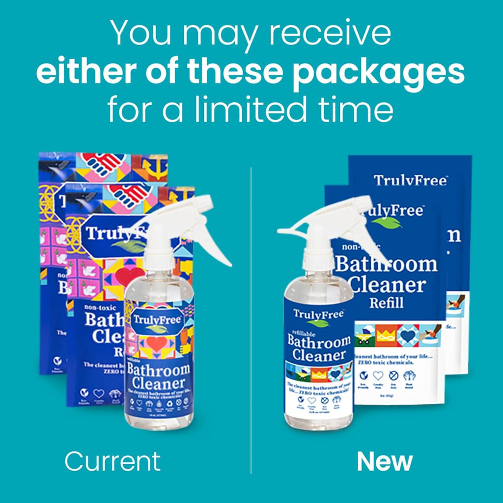 2-Pack TrulyFree Bathroom Cleaner - Cleaning Spray, for Toilet, Sink, Tub, Shower - Includes: 16-oz Spray Bottle, One refill pouch used for initial fill and one pouch for Refill when needed (3 oz)