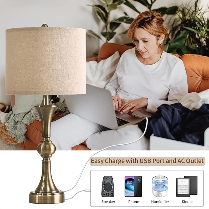 OYEARS 28" Table Lamps for Living Room Set of 2, Bedside Lamps for Night Stands Bedroom Lamps Farmhouse Lamp End Table Bed Side Lamp with USB C+A Charging Ports (Antique Bronze)