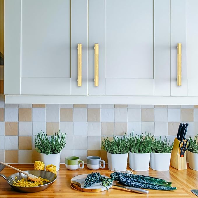 Amerdeco 10 Pack Gold Knurled Cabinet Pulls 3.75 Inch Center to Center Kitchen Cabinet Handles for Drawer Dresser, Cupboard and Wardrobe ZH0031