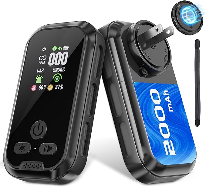 5 in 1,Carbon Monoxide Detectors Plug in,Combined Gas, Smoke, CO Alarms, Detects Temperature and Humidity,with HD Display,Plug in or Portable with Built-in Battery,for Travel, RV