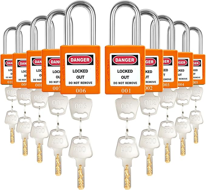Lockout Tagout Locks Set - 10pcs Orange OSHA Compliant, Safety Padlocks for Electrical Lockout Tag Out Kits, Keyed Different