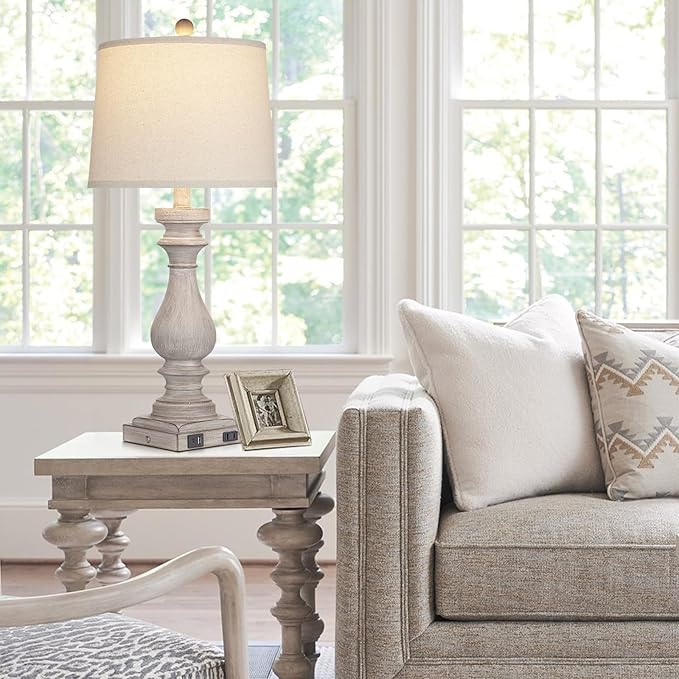 27.5" Farmhouse Table Lamp for Living Room Set of 2,Vintage Bedside Lamps with USB C+A Ports & AC Outlet,3-Way Dimmable Touch Control Gray Washed Finish Nightstand for Bedroom, Gray