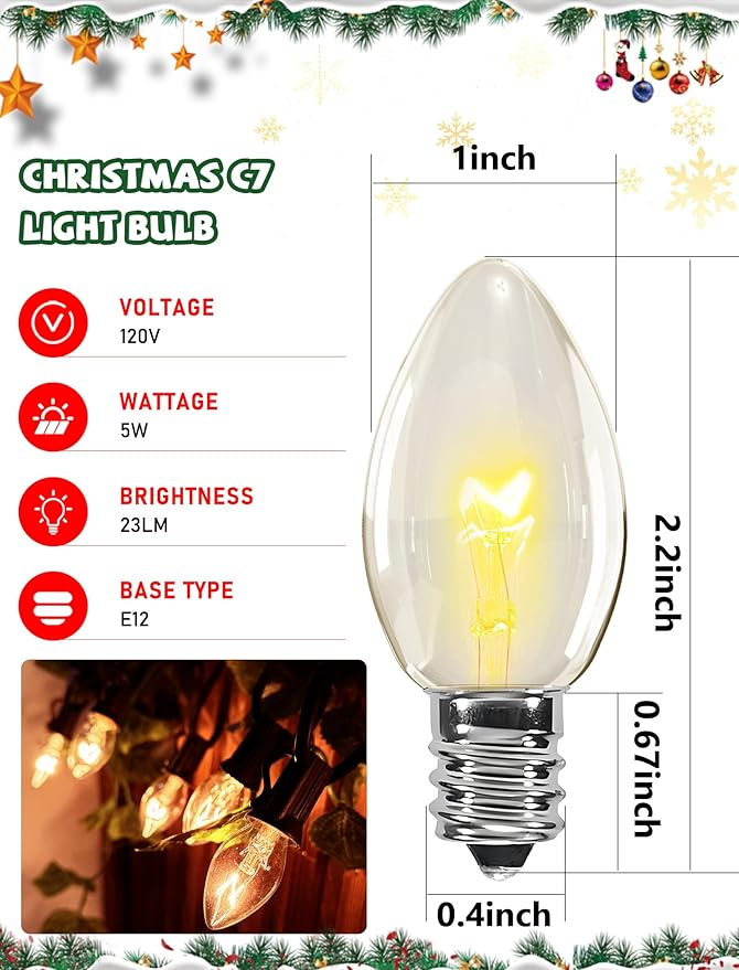 50 Pack C7 Christmas Replacement Bulbs, 5W Incandescent Clear Lights for Outdoor String Lights, Christmas Night Light bulbs for Porch, Patio, Garden, Party, Wedding Decor, E12 Intermediate Base