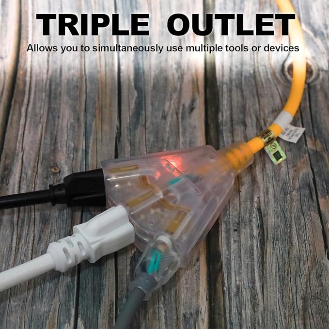 EP 25 Ft 14/3 SJEOW Heavy Duty Outdoor Extension Cord, Yellow 3-Outlet Power Cable with LED Lighted Plug, Water-Resistant for Indoor/Outdoor Use, Lawn, Garden, Appliances & Tools