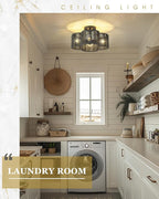 Rattan Light Fixtures Ceiling Mount, 4-Light 14" Boho Semi Flush Mount Ceiling Light with Hand-Woven Shade in Quatrefoil Shape for Kitchen Nursery Bedroom Hallway, Black, AD-22007-4SF-RA-BK