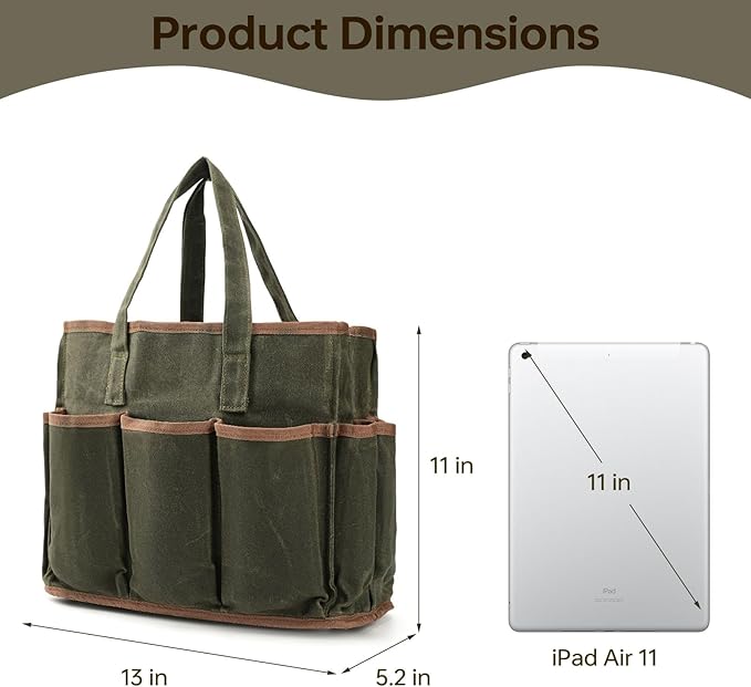 13in Tool Bag, Heavy Duty 19oz Waxed Canvas Bag 11-Pocket Portable Tool Bag Organizer Storage Toolbox for Gardener Welders Electrician Working Men Mechanic