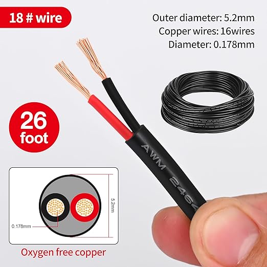 18 Gauge Wire 2 Conductor,18 AWG Electrical Wire Stranded PVC Cord Oxygen-Free Copper Cable,26FT 2 Core Pure Copper Flexible Cable Wire for LED Lamp Lighting Strips Automotive (18AWG-2C, 26FT)…