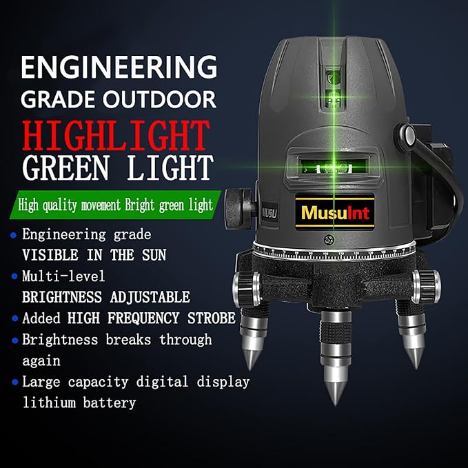 (Outdoor Superbright) 5 Lines Outdoor Green Laser Level 360 Self Leveling Precision Level Tool Super Brightness 5 Strong Light Spots Can Rotate 360 Degrees Digital Lithium Ion Battery High Capacity