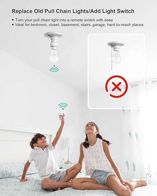 Remote Control Light Bulb Socket, 200FT Range Wireless Light Socket for Pull Chain Light Fixture, Remote Control Light Switch E26 E27 Lamp Socket, No Wiring Needed, FCC Listed