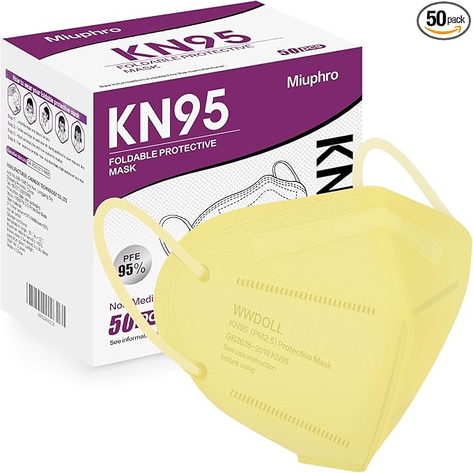 Miuphro KN95 Face Mask 50 Pack, Disposable Respirator Masks, 5 Layer Design Safety Mask for Protection, Ideal for Men and Women (Yellow)