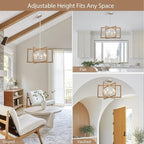 Modern Farmhouse Dining Room Light Fixtures, 20'' Geometric Nickel Chandelier for Living Room Kitchen Island Entryway Bedroom, 6-Light Rustic Wood Grain Pendant Hanging Lighting