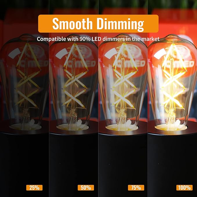OMED LED Edison Bulb Dimmable Amber Glass, 60 Watt Equivalent LED Light Bulbs Soft White, ST64 E26 Bulb 60W 2700K, Vintage Spiral Filament LED Bulbs with Teardrop Top, 600LM,UL Listed, 2 Pack