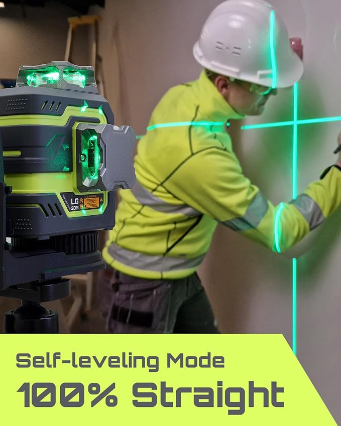 LasGoo LG-3DM Green Beam Laser Level, Self-Leveling 3x360° Cross Line Laser for Construction and Picture Hanging, 5200mAh Built-in Rechargeable Battery, Type-C Cable, Magnetic Rotating Stand Included
