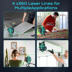 16 Line Laser Level 360 Self Leveling, 4x360°Professional 4D Green Cross Line laser Level with 2 Batteries, Adjustable Brightness & Remote Control, for Tiling Floor Construction and Picture Hanging