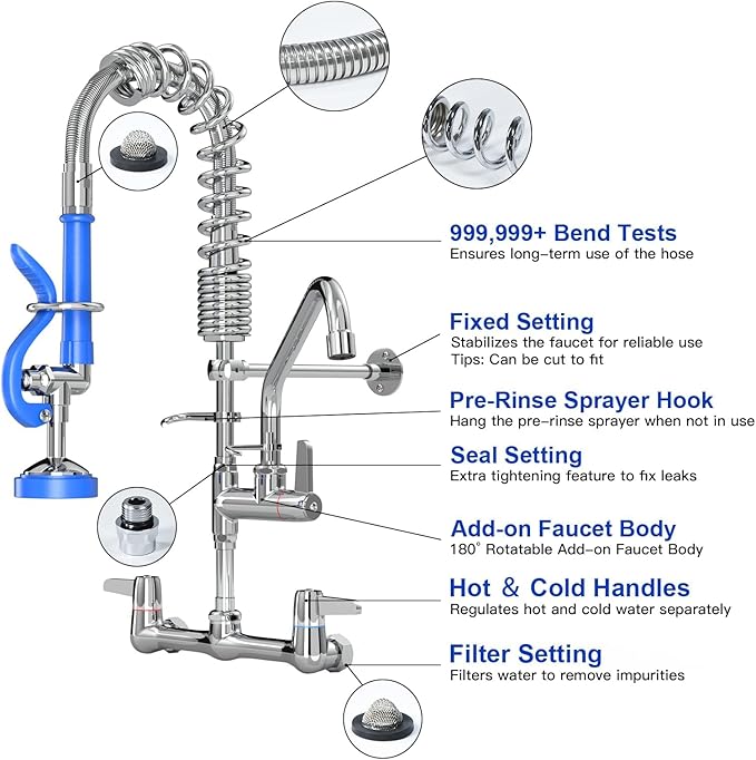 Commercial Faucet with Sprayer for Kitchen Staff : Akwadu Wall Mount Commercial Faucet with Pre Rinse Sprayer 8" Center - 21 Inch Pre Rinse Faucets with 8" Add-On Swing Spout for Dishwashers