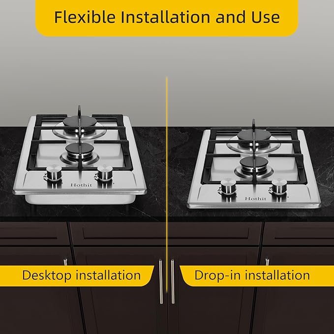 Hothit 2 Burner Propane Gas Cooktop, 12" Inch LPG/NG Dual Fuel Built-in Gas Stove Top, Stainless Steel Electronic Ignition Gas Hob for Apartment, Outdoor, RVs(L12"×W20")…