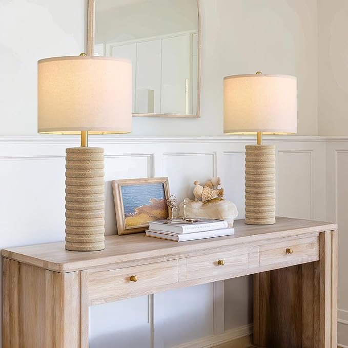 PoKat 27" Stone-Like Farmhouse Ceramic Table Lamps Set of 2 for Bedroom, Boho Nightstands Lamps for Night Stands, Distressed Beige Bedside Lamps with Natural Textured for Living Room, Sand-Colored