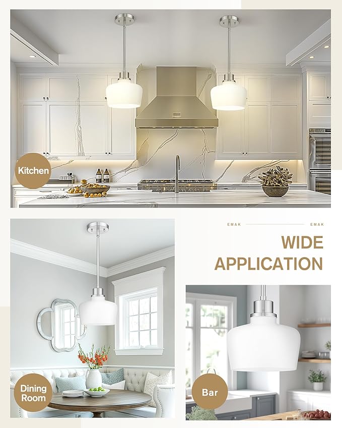 Emak Brushed Nickel Pendant Light Fixtures, Modern Pendant Lights Kitchen Island with Milk Glass Shade, 10 Inch Large Island Lights for Kitchen, Dining Room, Bathroom, PL126-BN-ML