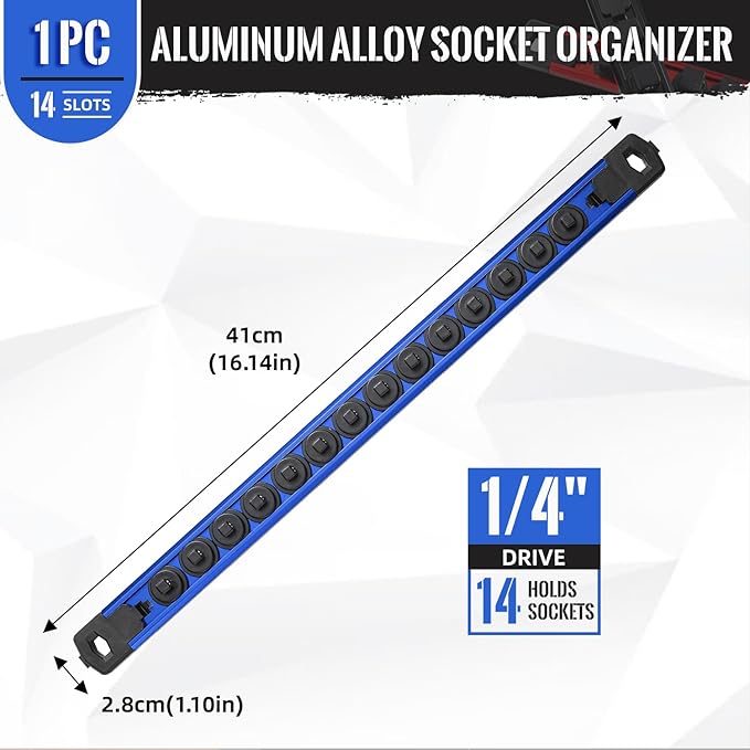 Aluminum Socket Holder, 1-Piece Heavy Duty Premium Socket Rack with 14 Clips for 1/4-Inch (Blue)