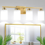 4-Light Bathroom Light Fixtures, 27" Modern Vanity Lights Over Mirror with Milky White Glass Shade, Gold Wall Sconce, Classic Wall Light Fixture for Mirror Living Room Cabinet Bedroom Porch Kitchen