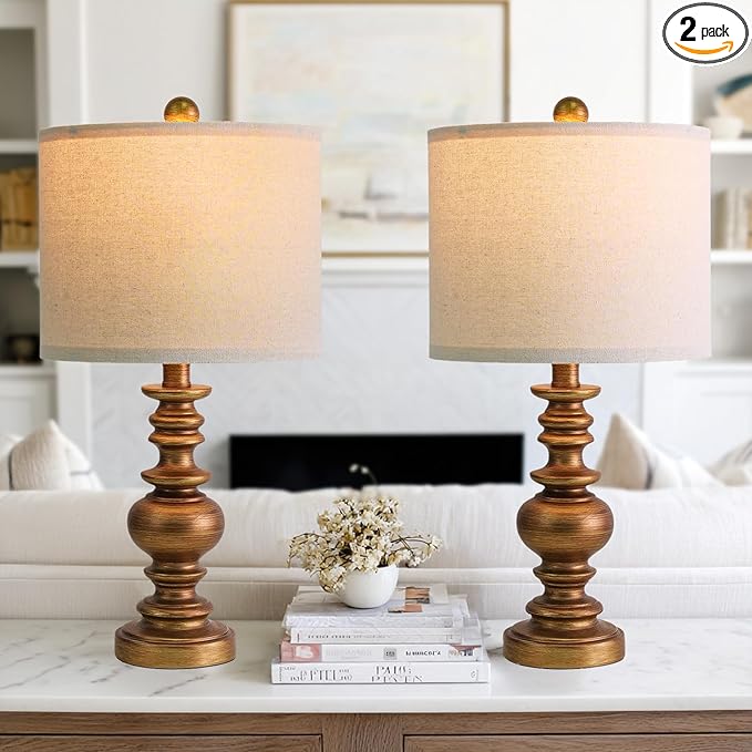BOBOMOMO 20" Antique Gold Table Lamps Set of 2 – Handcrafted Vintage Bedside Lamps with Linen Shades, Elegant Farmhouse Lamps for Bedroom, Living Room, or Entryway – Perfect for Compact Spaces