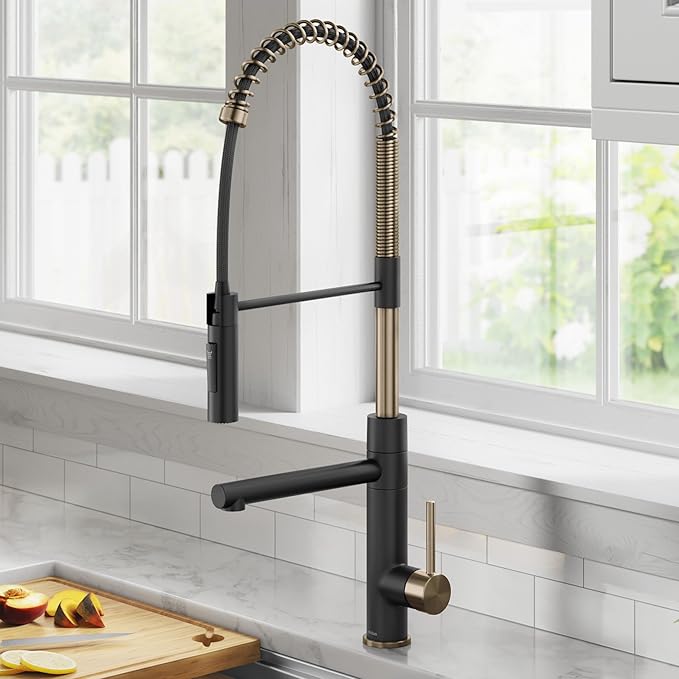 KRAUS Artec Pro Commercial Style Pull-Down Single Handle Kitchen Faucet with Pot Filler in Spot Free Antique Champagne Bronze/Matte Black, KPF-1604SFACBMB