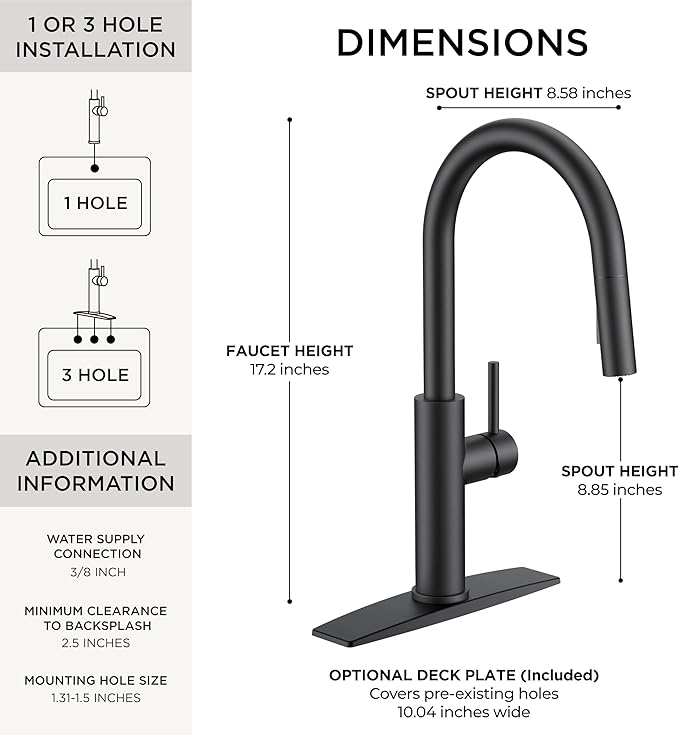 FORIOUS Kitchen Faucet with Pull Down Sprayer, Classic Matte Black, Single Handle High Arc Stainless Steel Kitchen Sink Faucet, 1 or 3 Hole Deck Mount for RV, Bar, Farmhouse, Laundry, Outdoor