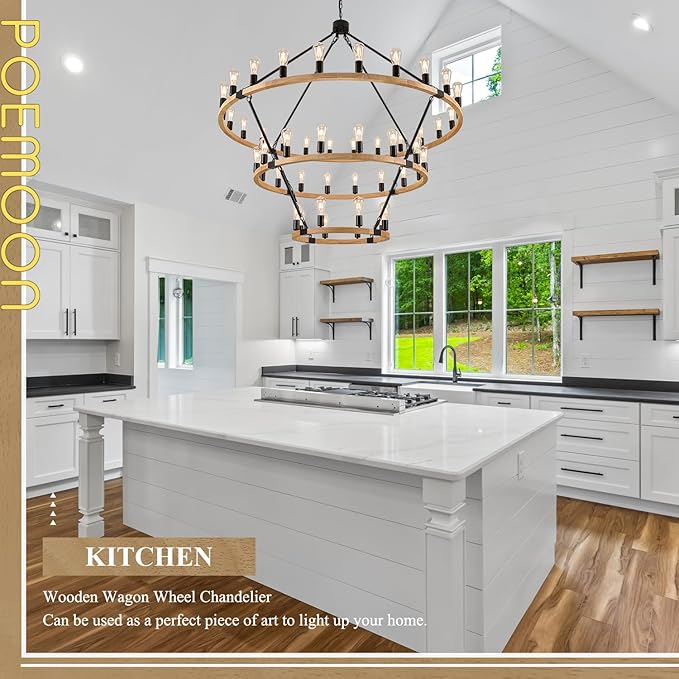 48 Lights 3 Tier Extra Large Wooden Wagon Wheel Chandelier Natural Farmhouse 63'' High Ceiling Black Rustic Round Wood Pendant Light Fixture for Living Room Foyer Villa Staircases