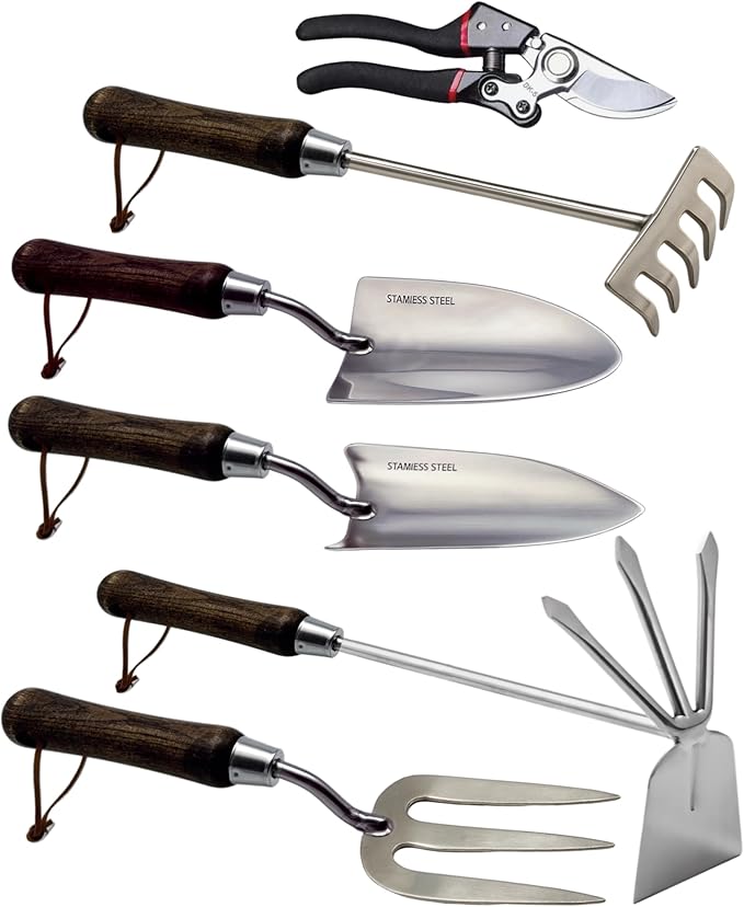 Garden Tool Set, 6PCS Heavy Duty Stainless Steel Gardening Hand Tools with Ropes, Includes Trowel, Transplanter, 2-in-1 Hoe, Pruner & More, Ideal Gardening Gift for Man and Woman (Gift Box Packaging)