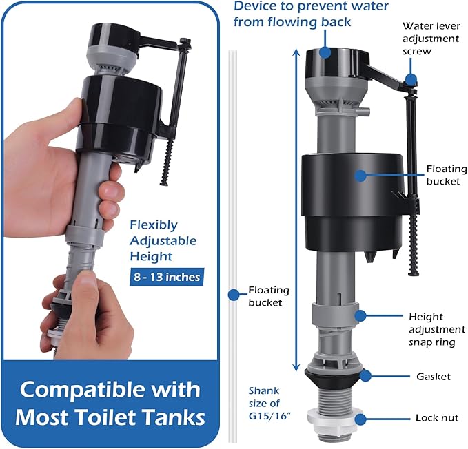 8 Pieces Adjustable Toilet Fill Valve Replacement Kit with Gloves, Quiet Toilet Flush Valve for Tank and Bowl, Universal Toilet Valve Replacement Set (8–13 in, G15/16")