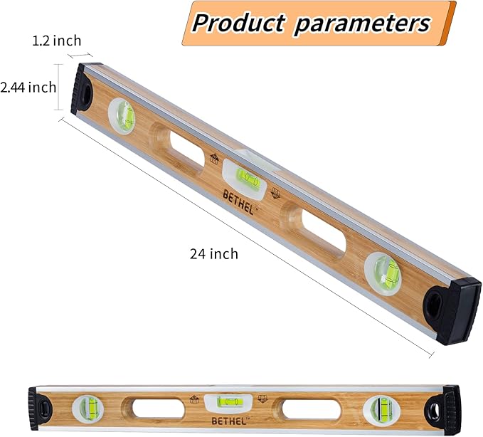 BETHEL Bamboo Level, 24 Inch Level & Tool Solid Block Acrylic Vials, Resists Mortar Adhesion, for Masonry Application and General Leveling (Bamboo)