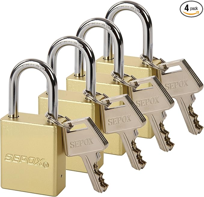 SEPOX® 4 Pcs Ultra-Durable Anti-Rust Outdoor Padlocks - Gold Aluminum, 38mm (1-1/2") with Long Shackle & 8 Same Keys, Ideal for Gate, Storage, Locker, Fence & Lock-Out, High Security