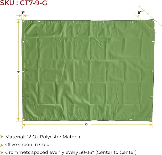 Mytee Products 7' x 9' Green 12oz Canvas Tarp with Grommets - Water Resistant - Heavy Duty Canvas Tarps - Multipurpose Tarpaulin Cover for Canopy Tent, Roof, Camping, Semi Trucks & Cargo