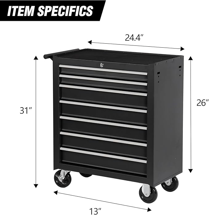 7-Drawer Rolling Tool Chest w/Drawers & Lock, Tool Storage Cabinet with Lockable Wheels, Top Cushion & Drawer Liners, Tool Organizer Box for Garage, Warehouse & Repair Sho