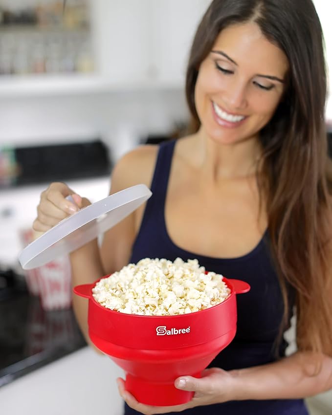 The Original Salbree Collapsible Silicone Microwave Popcorn Popper Maker Machine, Microwavable Bowl Holds 16 Cups, Uses Hot Air and Oil Always Optional - The Most Colors Available (Red)