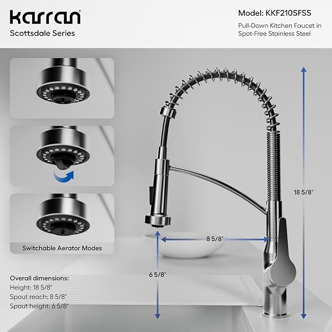 Karran Scottsdale Commercial Style Pull-Down Kitchen Faucet with Sprayer, Spot-Free Stainless Steel, High Arc Single Handle Pre-Rinse Spring Faucet