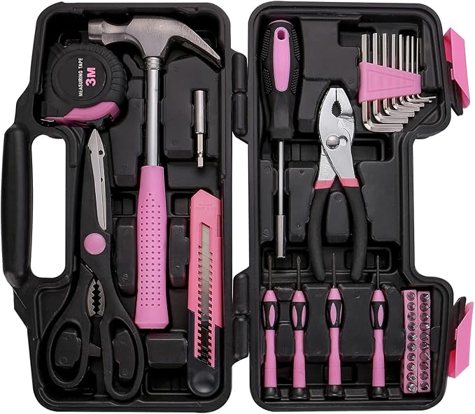 39 Piece All Purpose Basic Household Pink Tool Kit for Women - Small Tool Set with Toolbox Great for Home, Garage, Office and College Dormitory Use